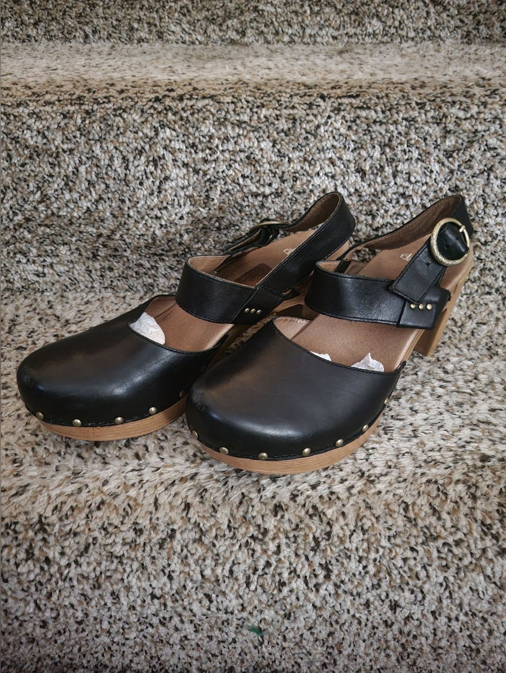 DANSKO Black Leather Mary Jane Clog with Buckle Strap